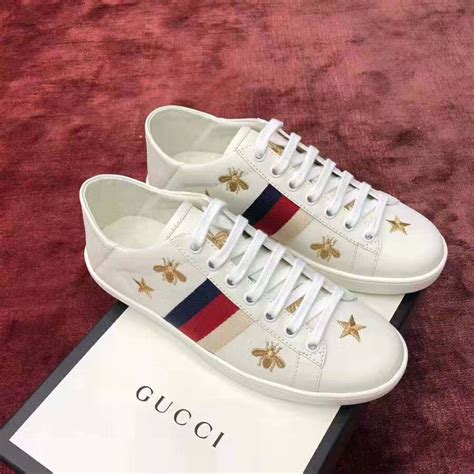 gucci ace embroidered sneakers unisex casual classic fashion shoes white|gucci bee sneakers women's.